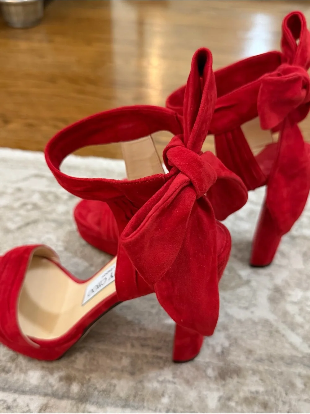 Jimmy Choo Red Soft Suede Kaytrin 120,5 inch Platform Block Heels with Ankle Bow